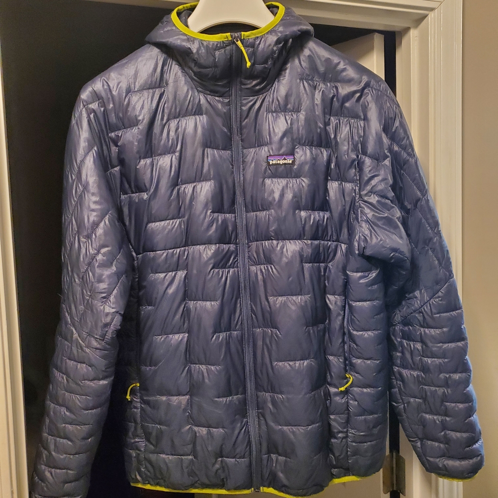 Patagonia Blue Micro Puffer Jacket with Yellow Accents